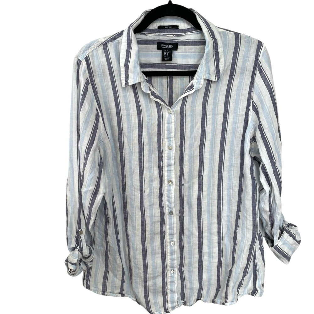 JONES NEW YORK White Blue Linen Striped Button Front Blouse XL